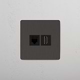 Modulo RJ45 & HDMI Singolo Superiore in Bronzo Nero su Sfondo Bianco