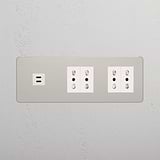 Modulo Triplo USB 30W & 4x Bipasso - Nichel Lucido Bianco
