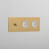 Triplo Modulo Levetta & 2x Schuko Tondo - Ottone Antico Bianco