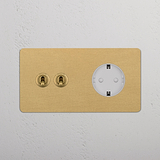 Doppio Modulo 2x Levetta & Schuko Tondo - Ottone Antico Bianco