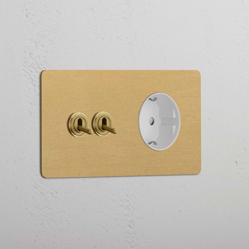 Doppio Modulo 2x Levetta & Schuko Tondo - Ottone Antico Bianco