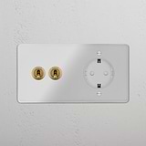Doppio Modulo 2x Levetta & Schuko Tondo - Trasparente Ottone Antico Bianco