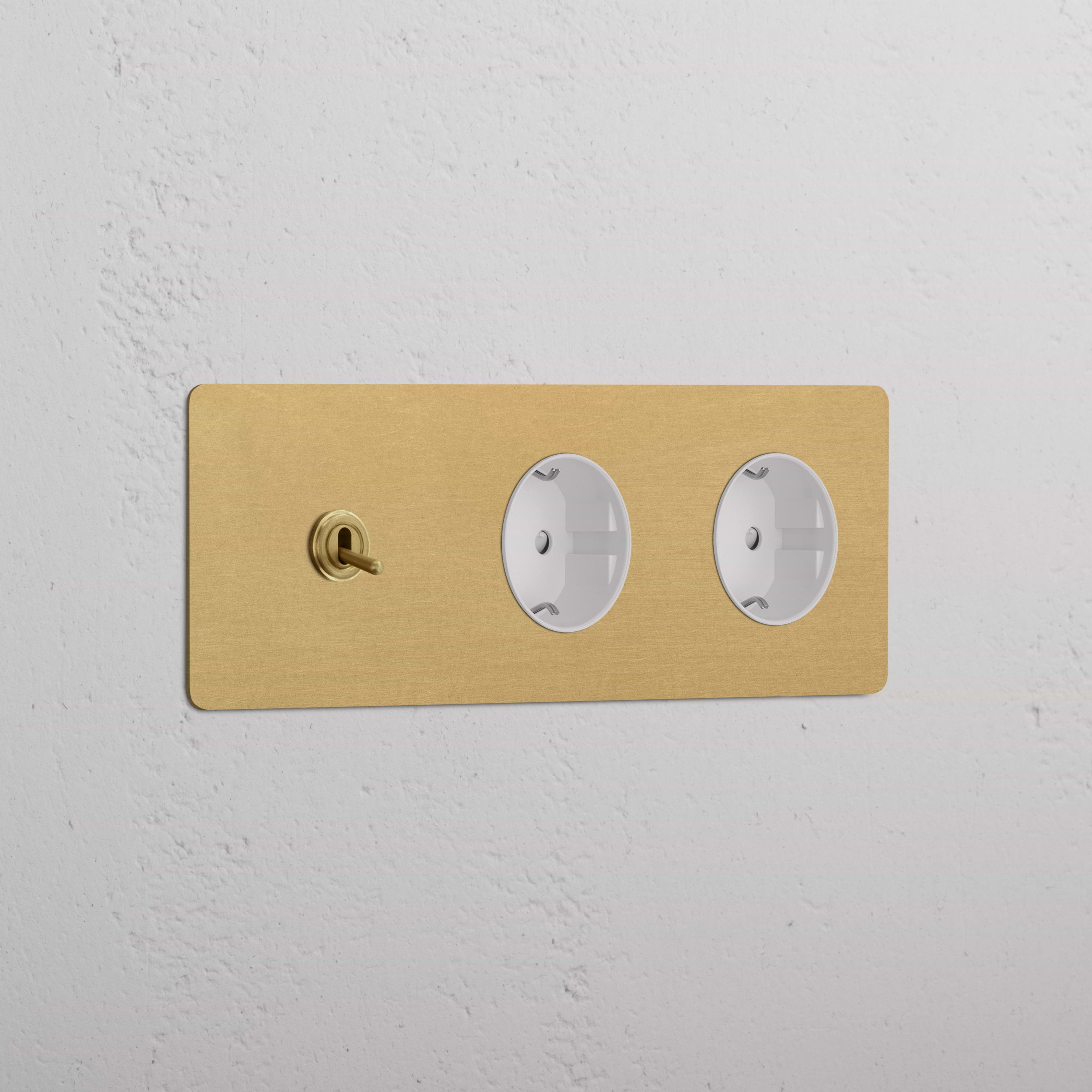 Triplo Modulo Levetta & 2x Schuko Tondo - Ottone Antico Bianco