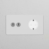 Doppio Interruttore a Levetta 2x + Modulo di Alimentazione Schuko Tipo F Tondo – Pitturabile Nichel Lucido Bianco