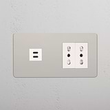Modulo Doppio USB 30W & 2x Bipasso - Nichel Lucido Bianchi