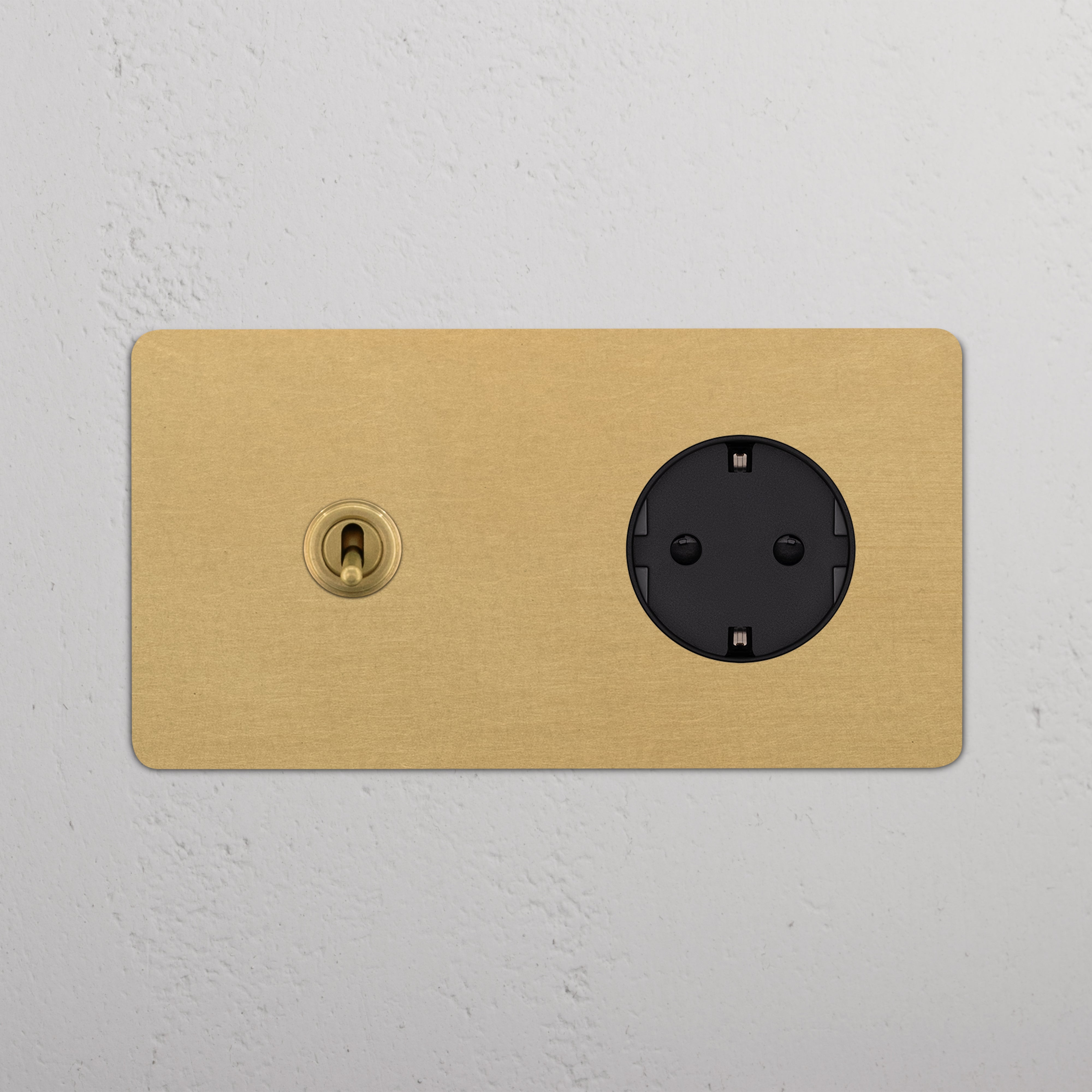 Doppio Modulo Levetta & Schuko Tondo in Ottone Antico Nero, combina elegantemente doppia presa e interruttore a levetta.