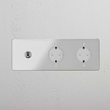Triplo Modulo Levetta & 2x Schuko Tondo - Trasparente Nichel Lucido Bianco