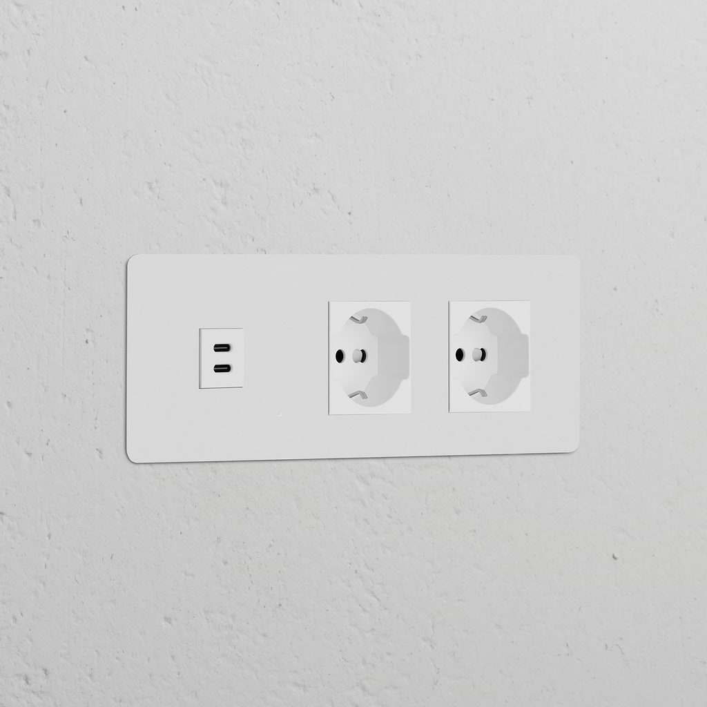 Modulo USB 30W + Modulo di alimentazione Schuko/Bipasso 2x - Pitturabile Bianco