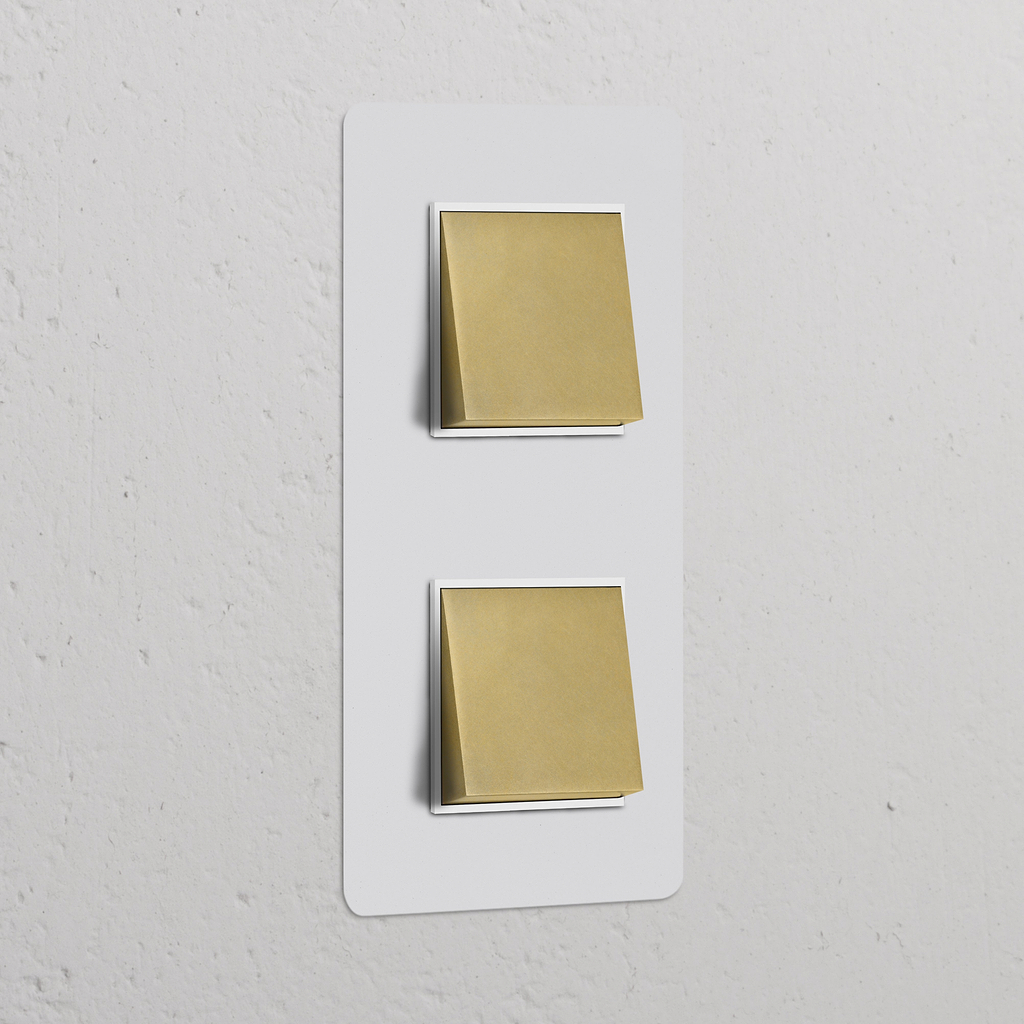 Interruttore a bilanciere doppio verticale con finitura in ottone anticato, verniciabile in bianco; stile elegante e vintage.