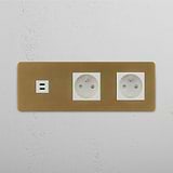 Ricarica Potente con Modulo Triplo USB 30W & Francese Doppio in Ottone Antico Bianco su Sfondo Bianco