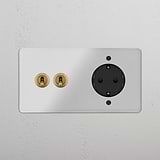 Doppio Modulo 2x Levetta & Schuko Tondo - Trasparente Ottone Antico Nero