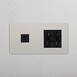 Modulo Doppio USB 30W & 2x Bipasso - Nichel Lucido Nero
