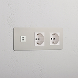 Modulo Triplo USB 30W & 2x Schuko/Bipasso in Nichel Lucido Bianco