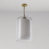 Windsor Lampadario Grande in Vetro Opale con diffusore rigato, sospesa da catena in Ottone Antico oro.