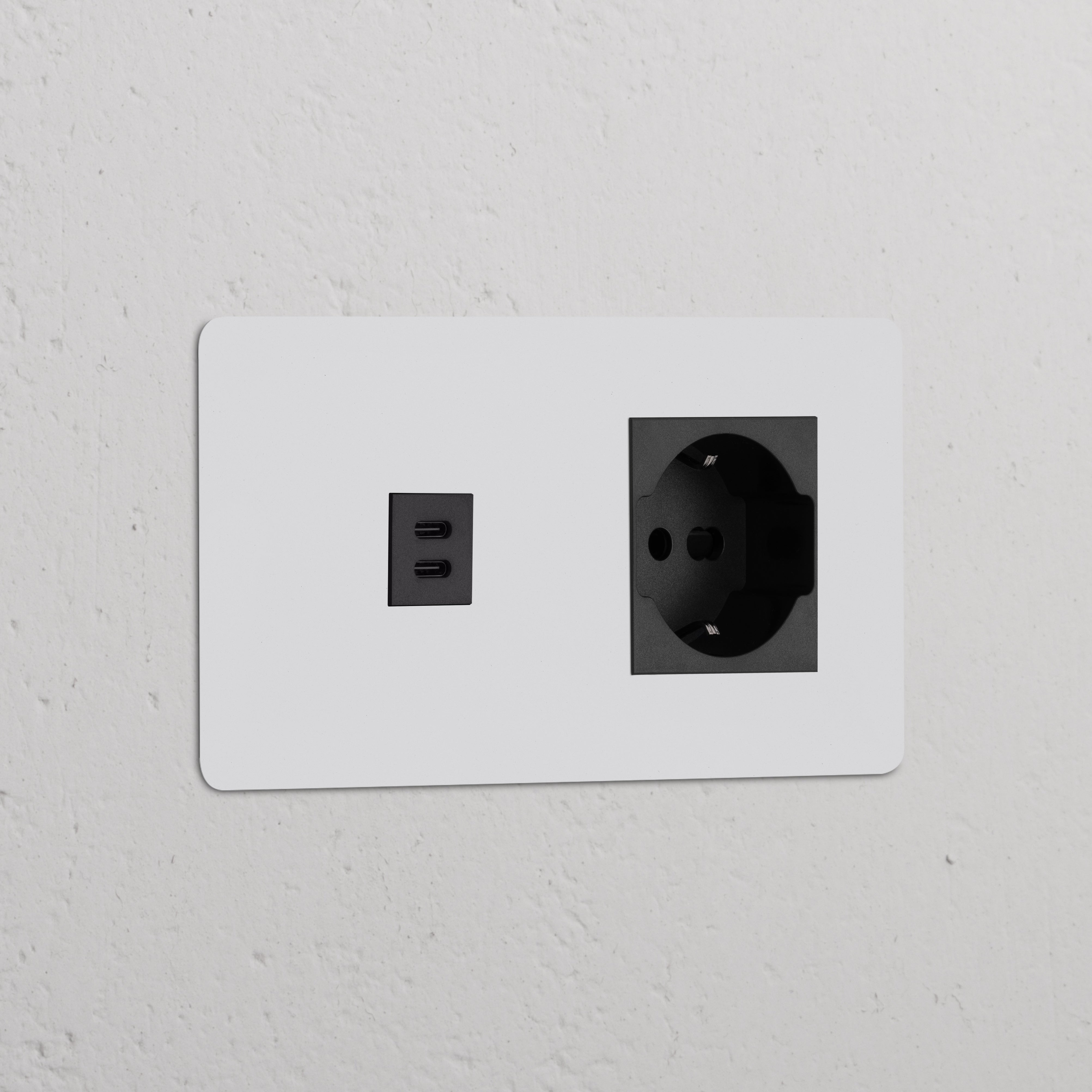 Modulo USB da 30 W e modulo di alimentazione Schuko/Bipasso; finitura verniciabile in nero, ideale per l'utilizzo con due prese.