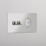 Doppio Modulo 2x Levetta & Schuko Tondo - Trasparente Nichel Lucido Bianco