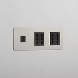 Modulo Triplo USB 30W & 4x Bipasso in Nichel Lucido Nero