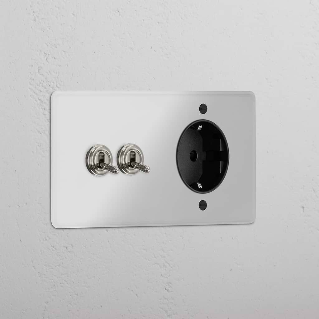 Doppio Modulo 2x Levetta & Schuko Tondo - Trasparente Nichel Lucido Nero