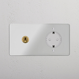 Doppio Modulo bianco con Schuko Tondo e interruttore tondo in ottone, stile Trasparente Ottone Antico Bianco.