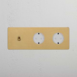 Triplo Modulo Levetta & 2x Schuko Tondo - Ottone Antico Bianco