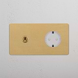 Doppio Modulo Levetta & Schuko Tondo - Ottone Antico Bianco