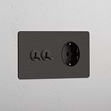 Doppio Modulo 2x Levetta & Schuko Tondo - Bronzo Nero