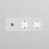 Triplo Interruttore a Levetta + 2x Modulo di Alimentazione Schuko Tipo F – Pitturabile Ottone Antico Bianco