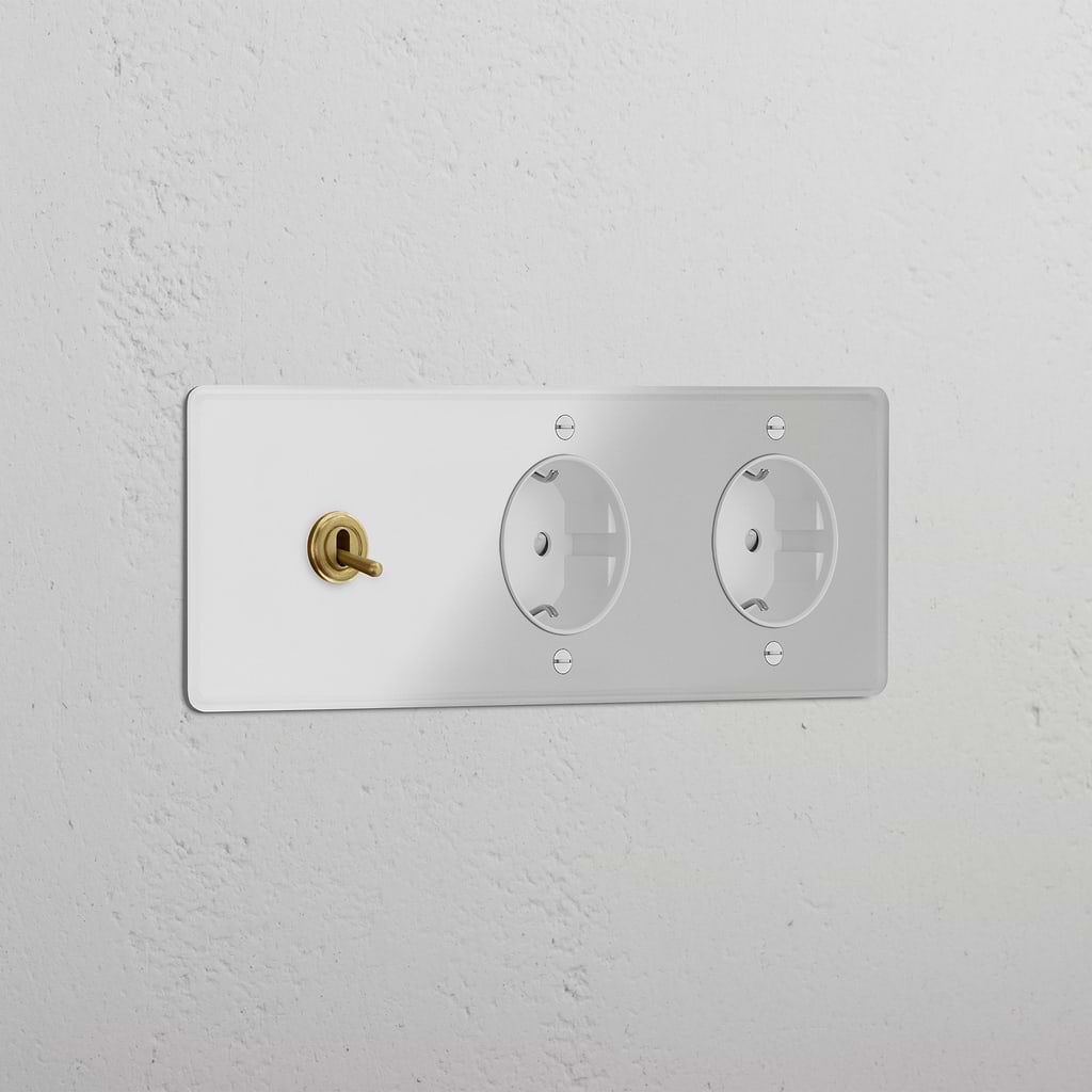 Triplo Modulo Levetta & 2x Schuko Tondo - Trasparente Ottone Antico Bianco
