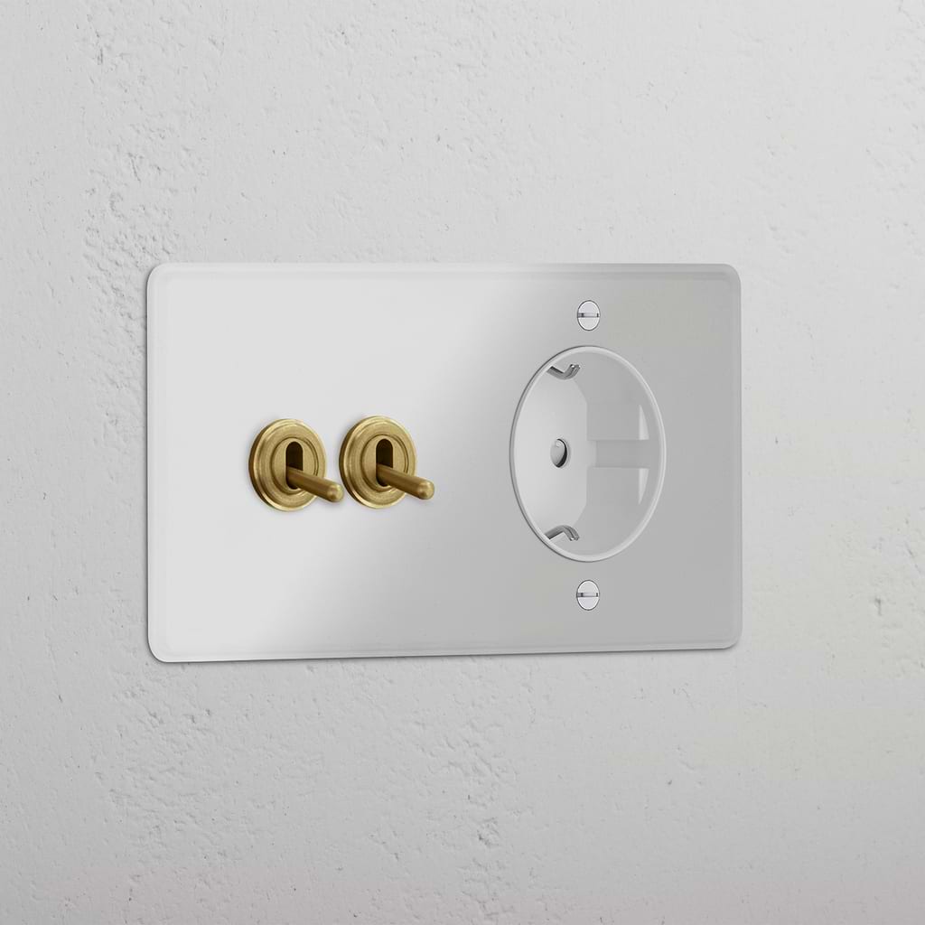 Doppio Modulo 2x Levetta & Schuko Tondo - Trasparente Ottone Antico Bianco