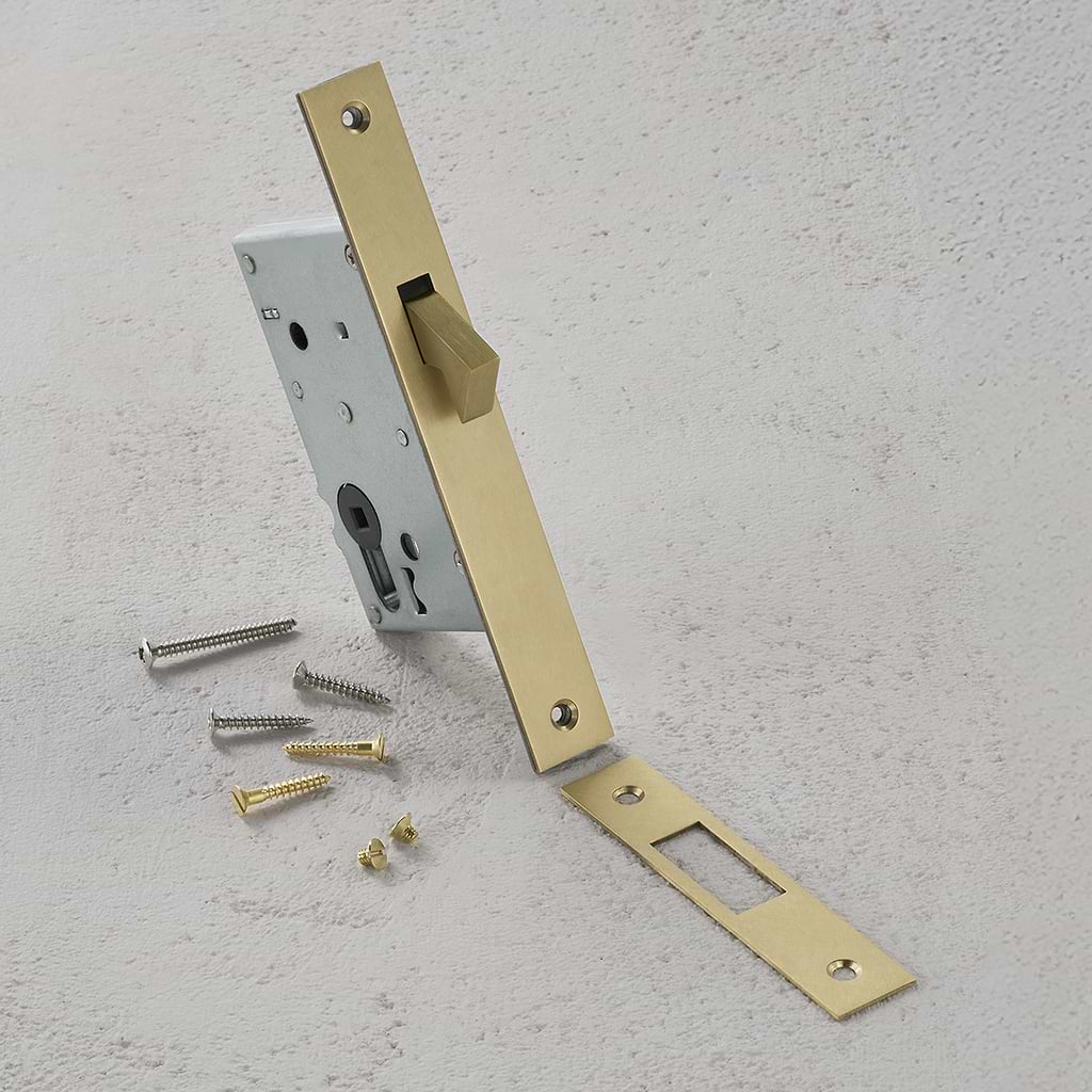 Serratura a Gancio 60mm in Ottone Antico su superficie grigio chiaro con viti e piastra di battuta incluse.