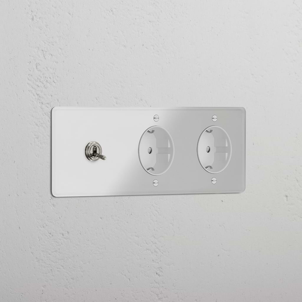 Triplo Modulo Levetta & 2x Schuko Tondo - Trasparente Nichel Lucido Bianco