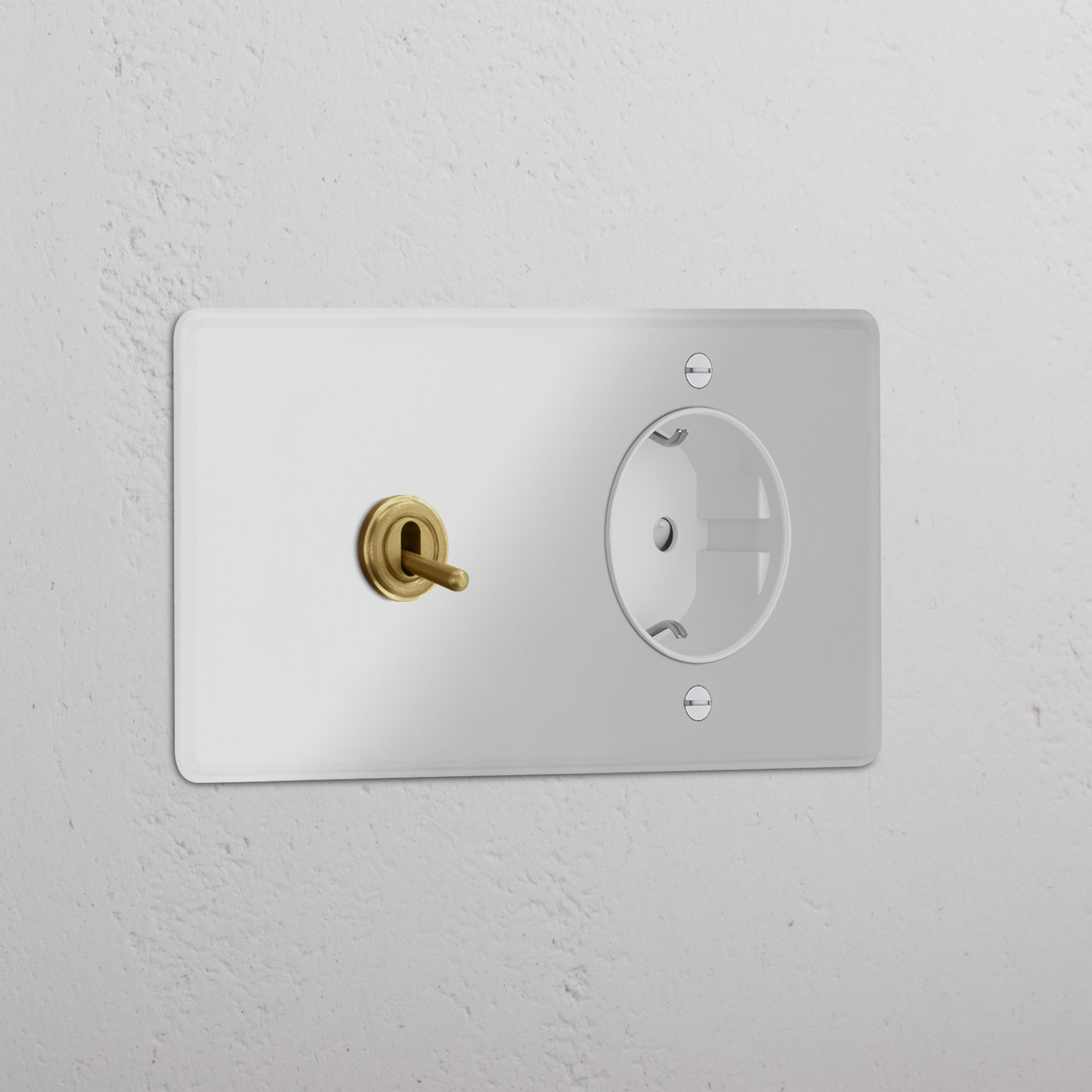 Doppio Modulo Levetta & Schuko Tondo - Trasparente Ottone Antico Bianco
