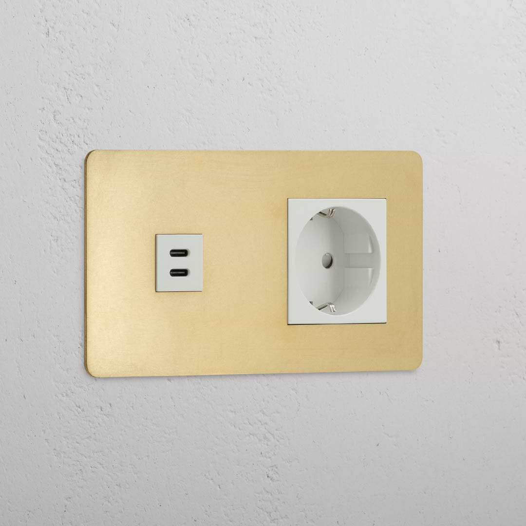 Modulo Doppio USB 30W & Schuko in Ottone Antico Bianco - Design Polivalente
