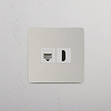 Moduł gniazda RJ45 i HDMI w pojedynczej ramce - Polerowany nikiel z białym