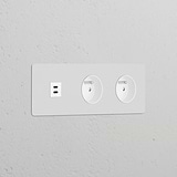 Moduł gniazda USB 30 W i okrągły moduł gniazda francusko/belgijskiego typ E x 2 w potrójnej ramce - Biały do malowania