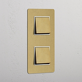 Double 2x Vertical Rocker Switch - Antique Brass White