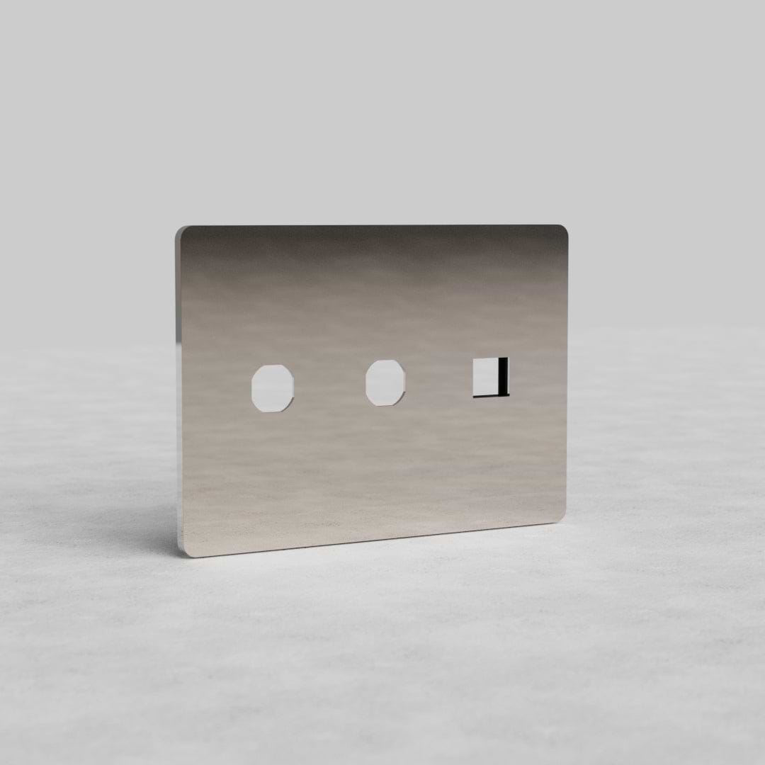 3G 2x Switch & Keystone Plate Grove US in polished nickel with two switch cutouts and one keystone cutout.