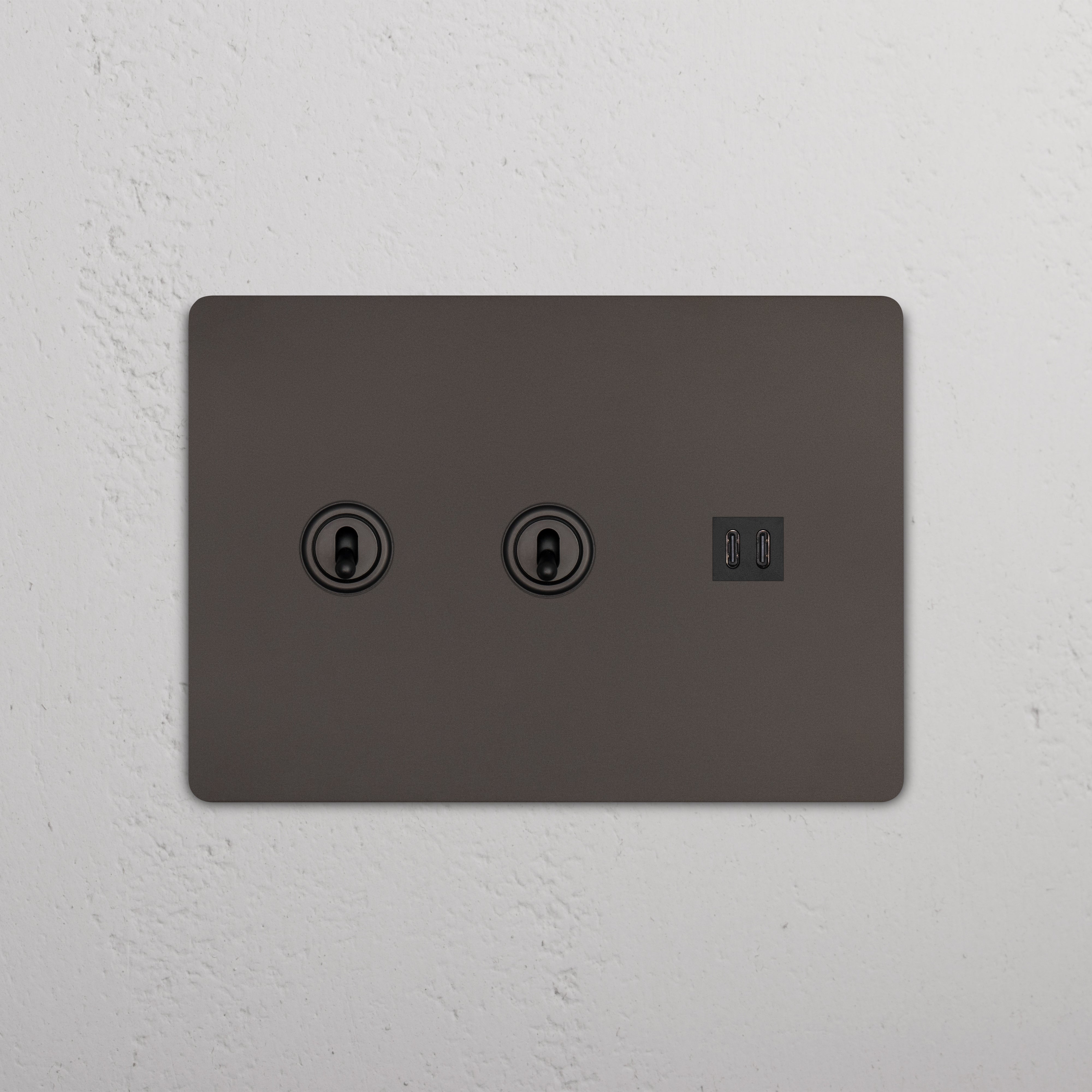 Grove 3G 2x Toggle Switch & Fast Charge USB wall plate in Bronze Black, with two toggles and two USB ports.
