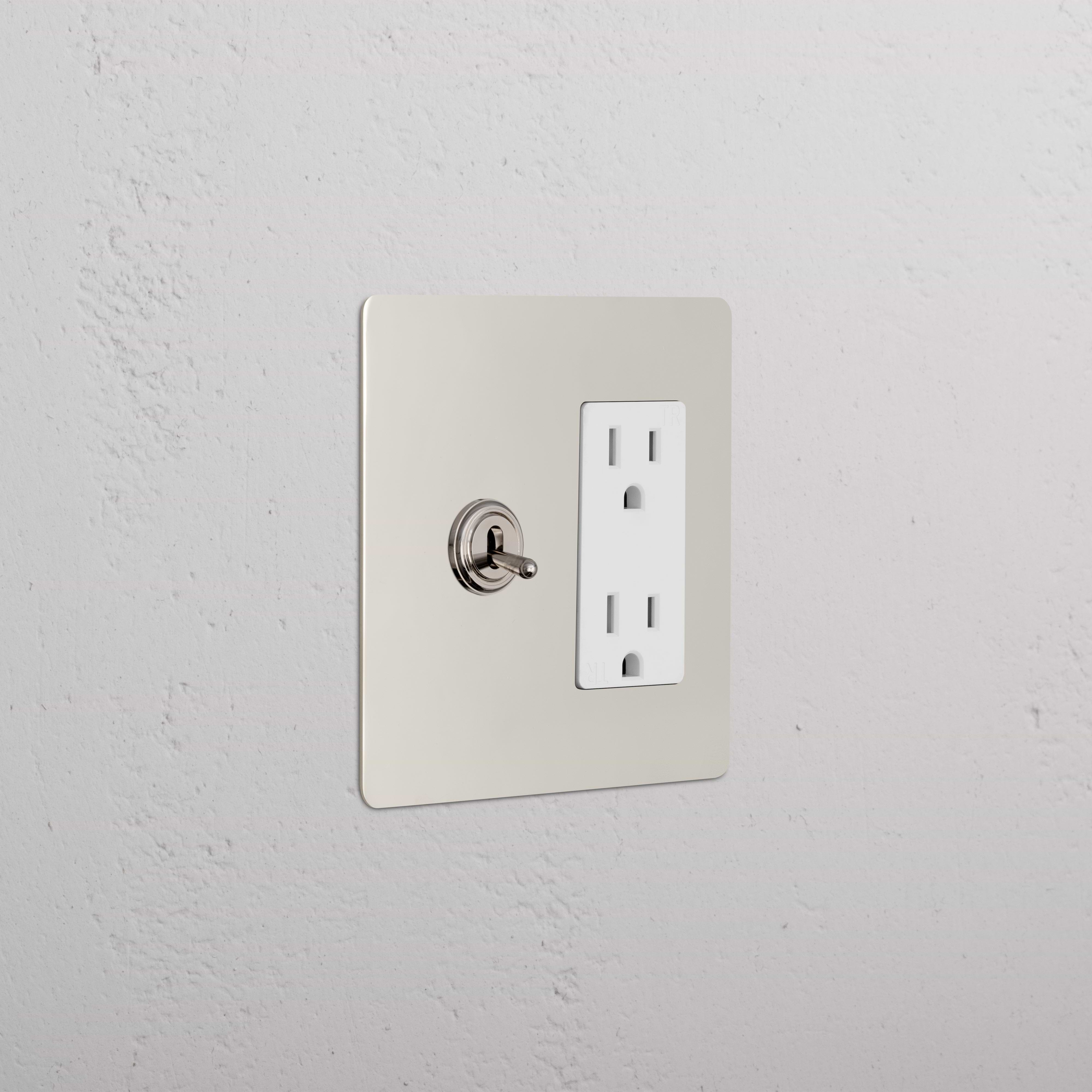 Kew 2G Toggle Switch & Outlet in Polished Nickel White, with toggle switch and dual power outlet on plate.