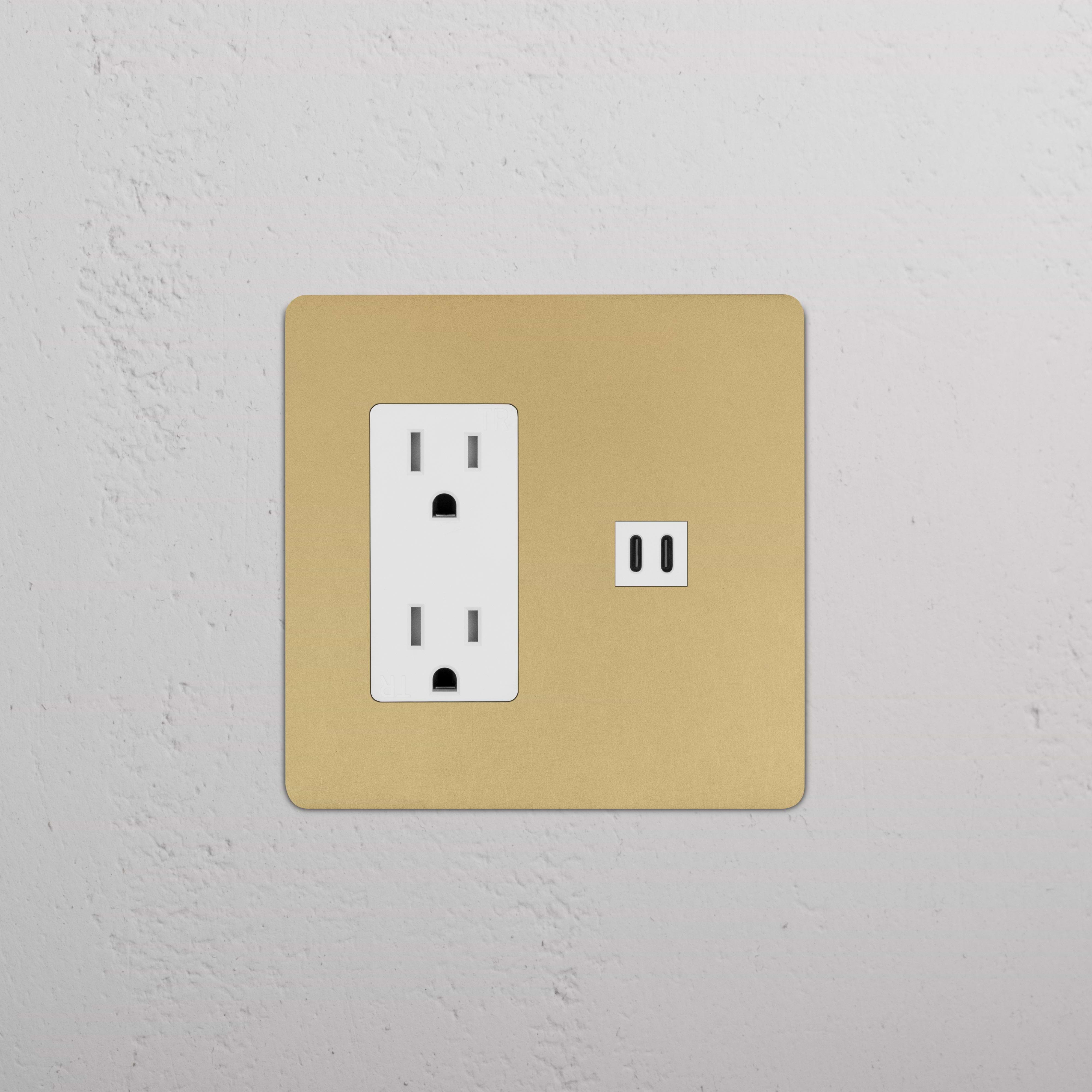 Kew 2G outlet and fast charge USB socket in antique brass with white inserts, wall-mounted.