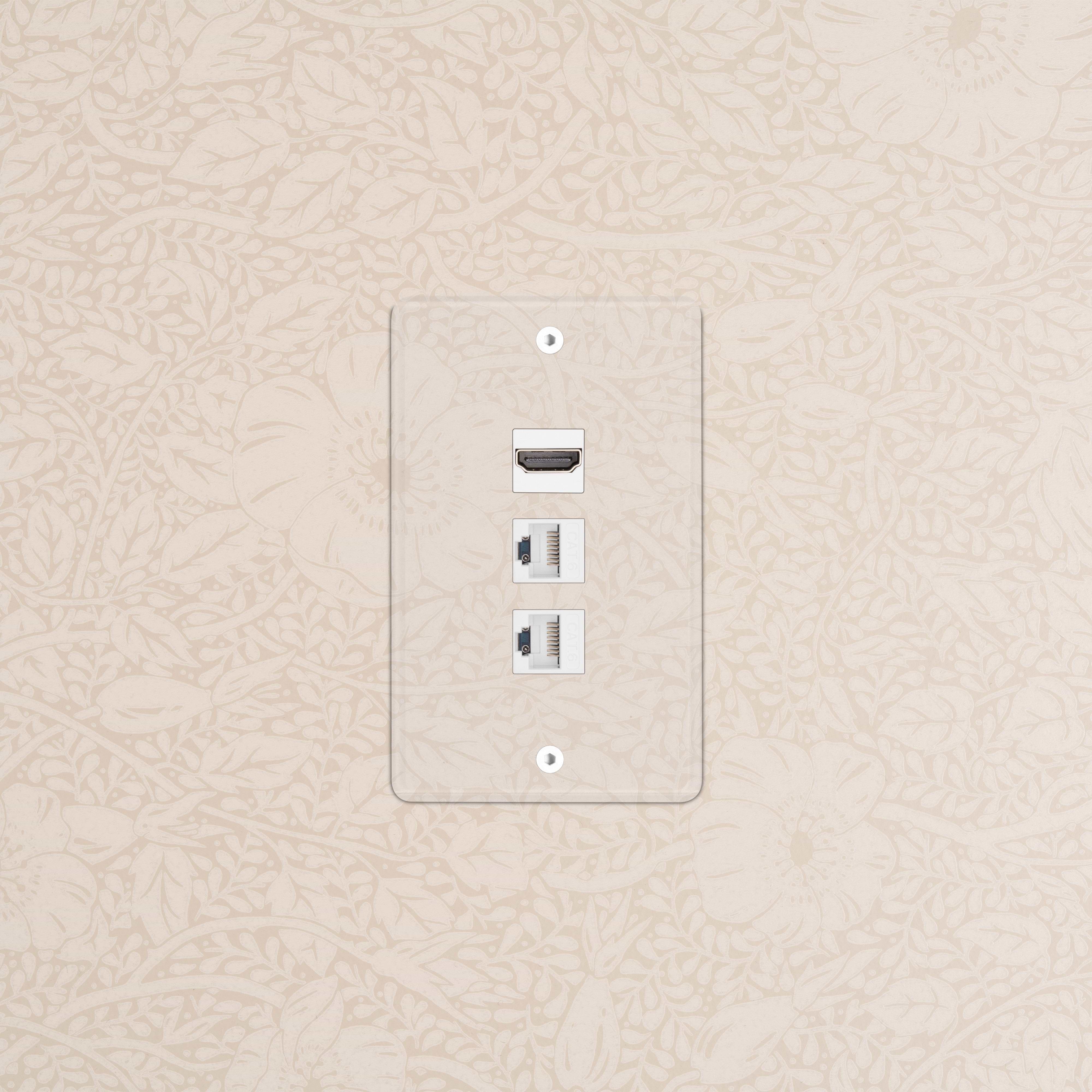 Clear White Kew 1G wall plate with one HDMI port and two CAT6 Ethernet ports arranged vertically.