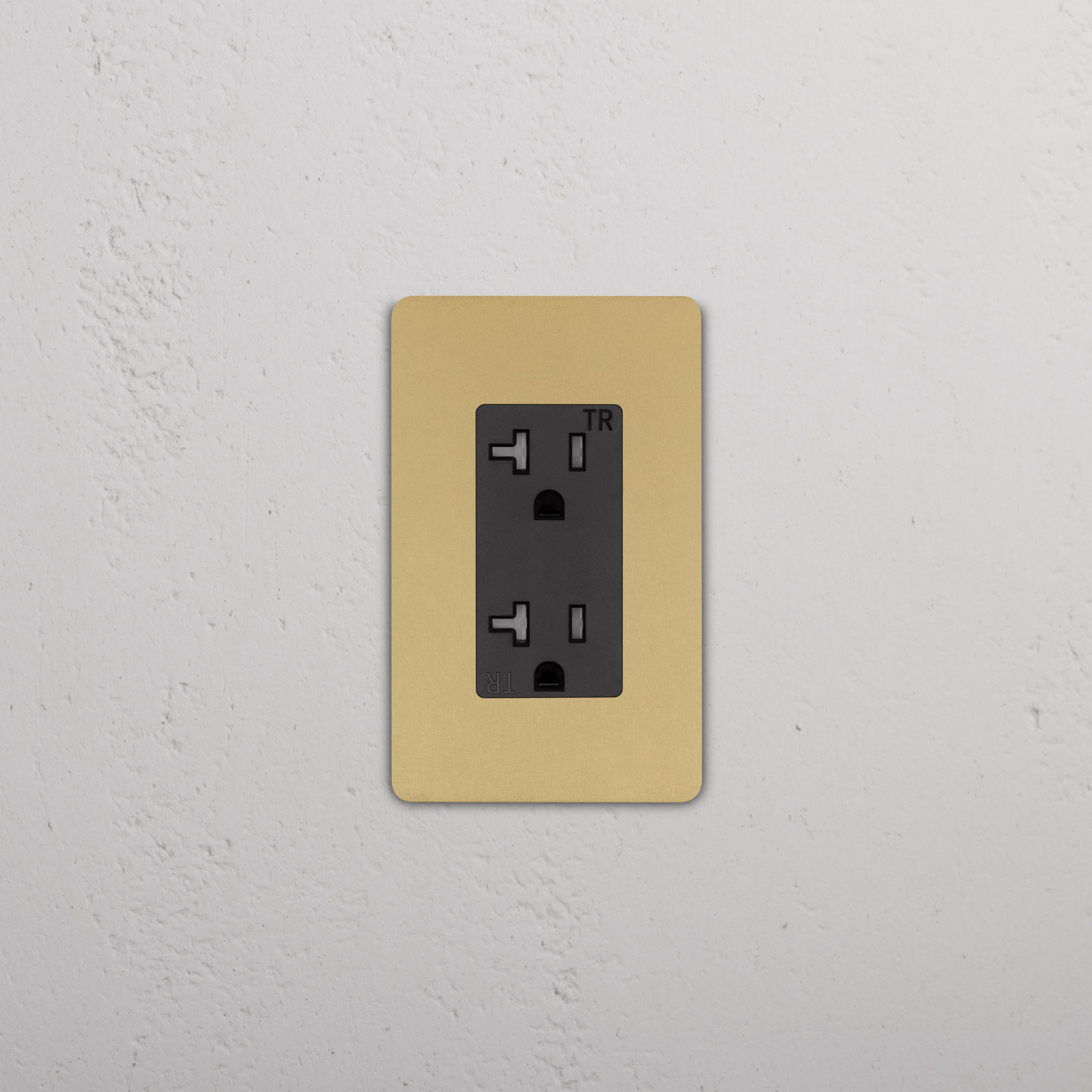 Grove 1G 20A Outlet in Antique Brass Black finish, single socket, mounted on a wall.