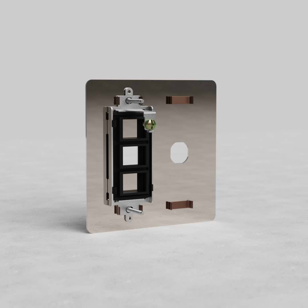 Polished nickel 2-gang switch and keystone plate, Kew US style, with rectangular openings, on gray background.