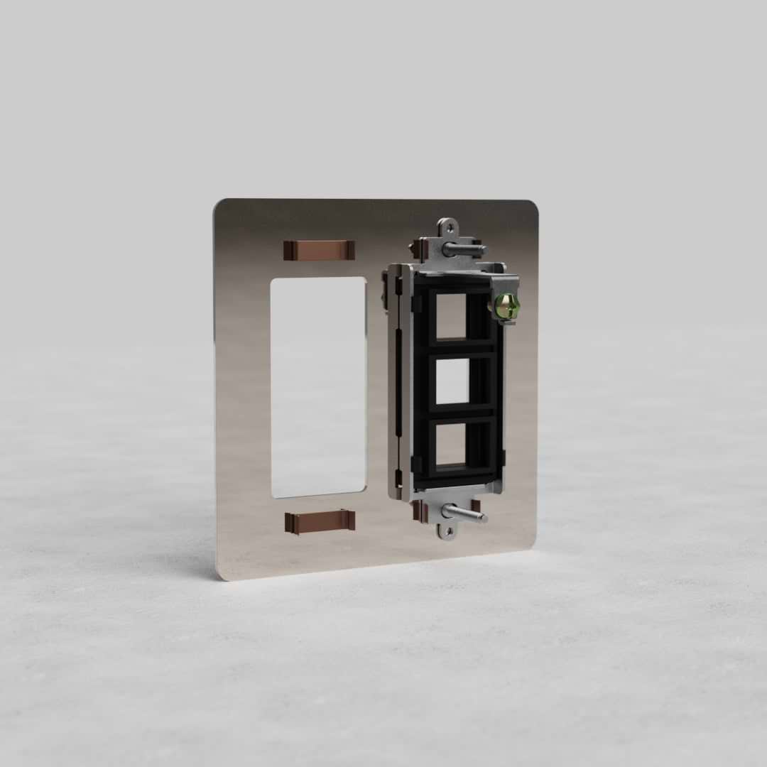 Polished Nickel 2G Outlet & Keystone Plate Kew US with rectangular openings, shown on a light gray background.