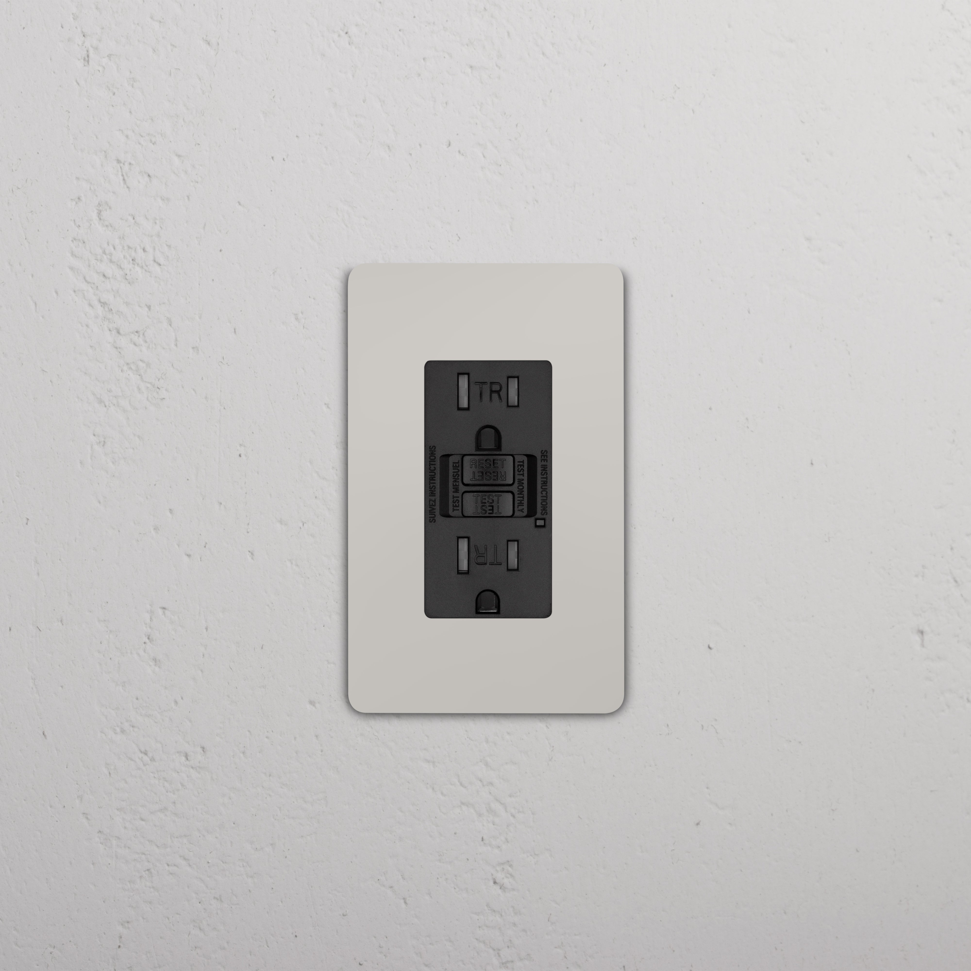 Grove 1G 15A GFCI Outlet in Polished Nickel Black with test/reset buttons and dual safety sockets.