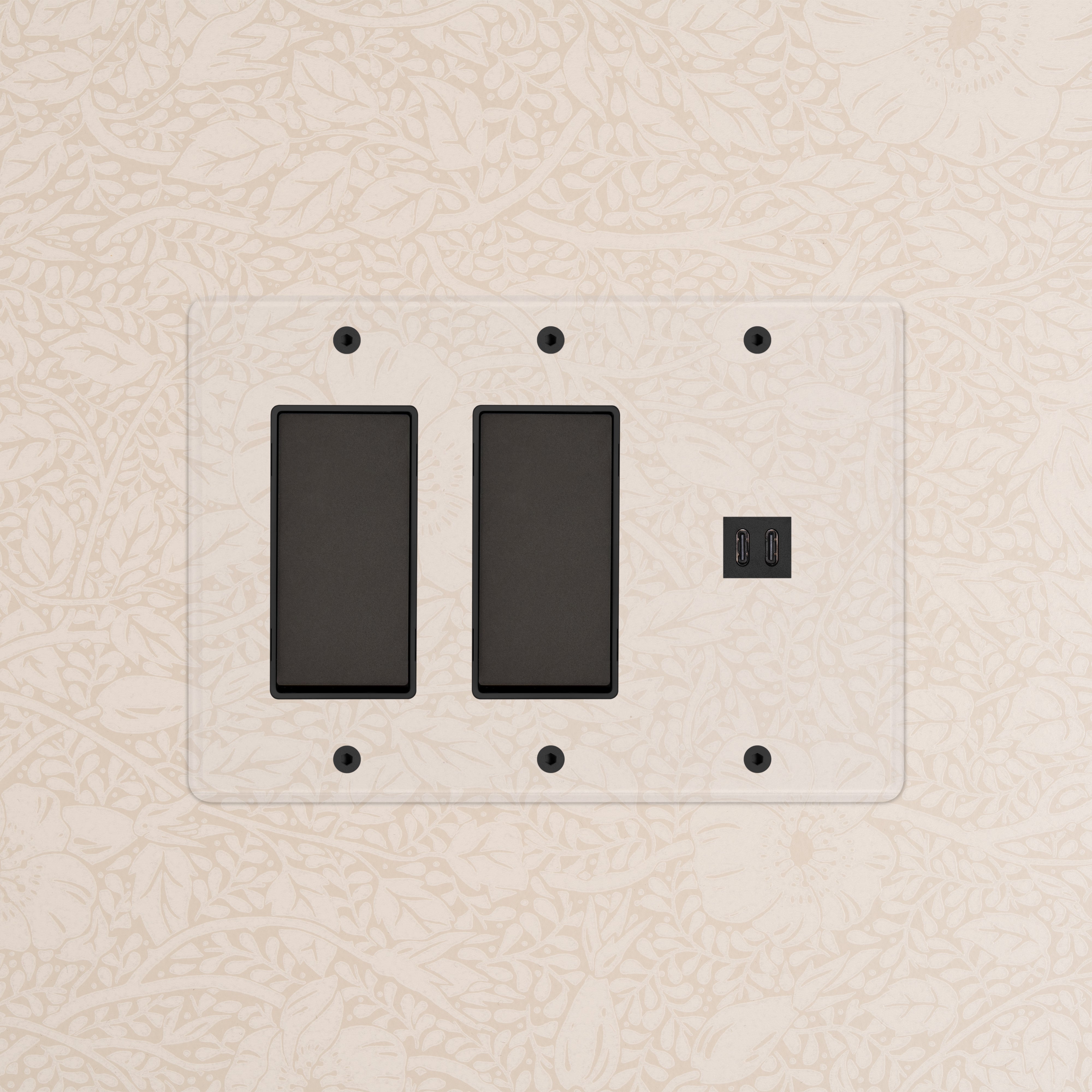 Kew 3G 2x Rocker Switch & Fast Charge USB in Clear Bronze Black with two black switches and dual USB ports.