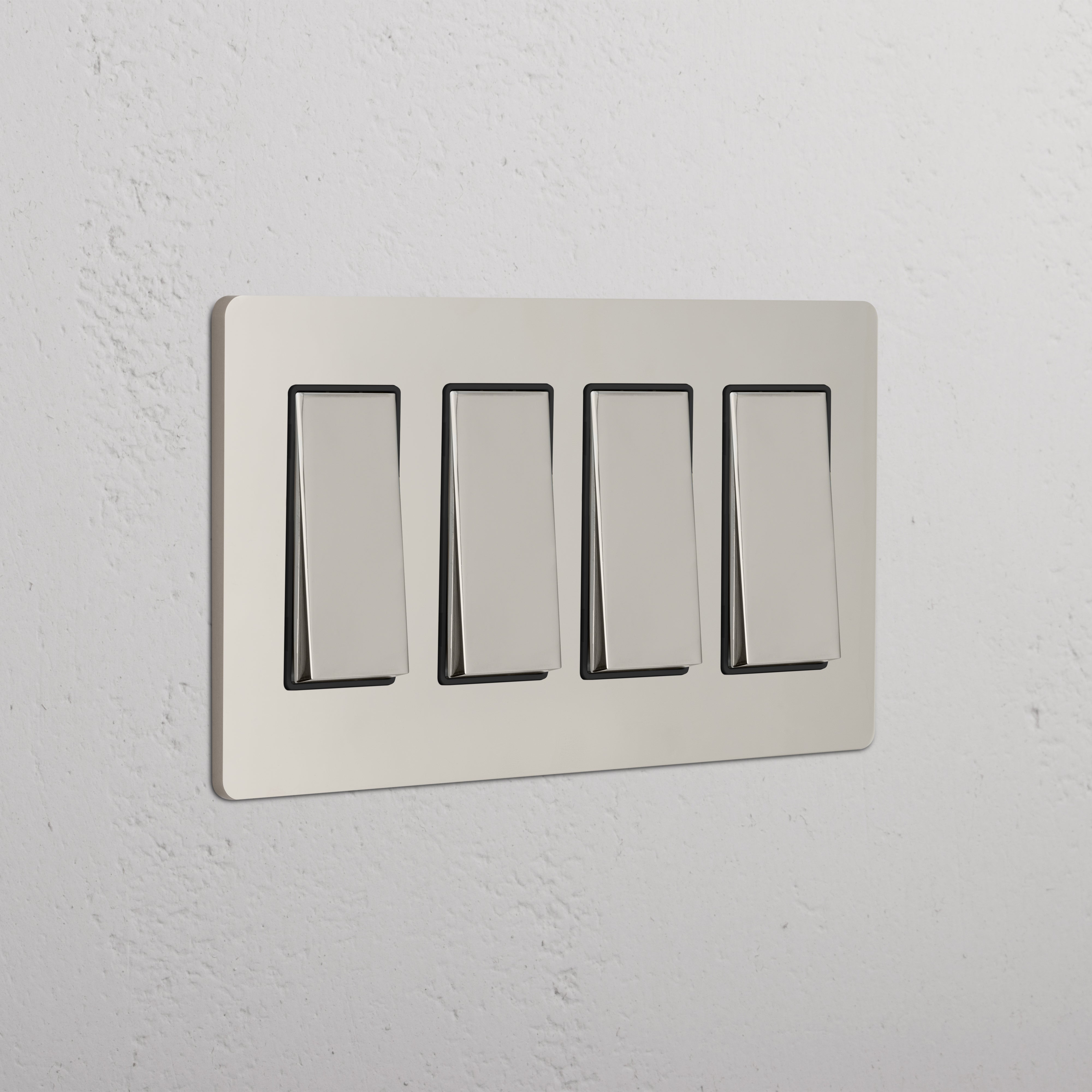 Grove 4G Rocker Switch in Polished Nickel Black finish, featuring four horizontal rectangular rocker switches.