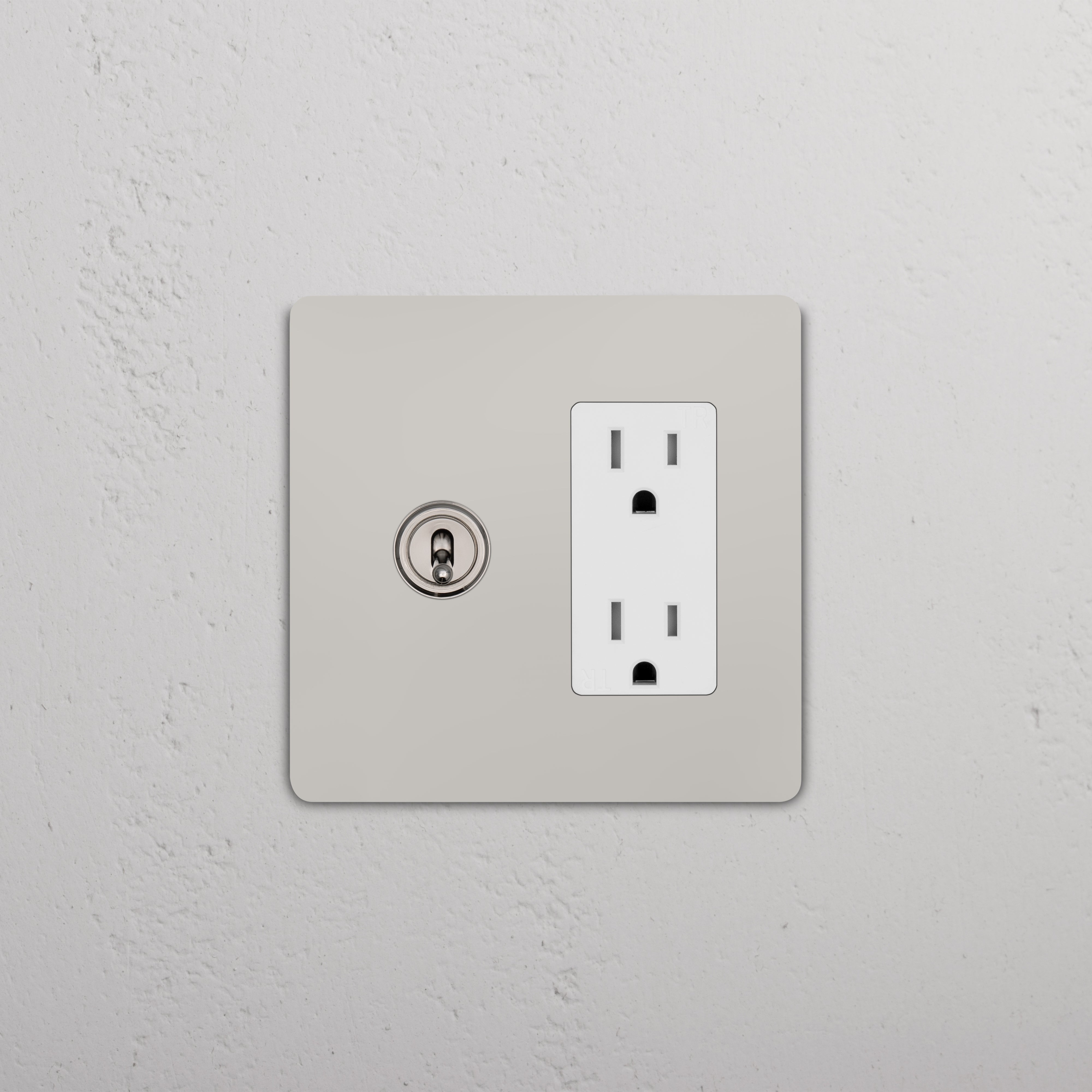 Grove 2G Toggle Switch & Outlet in polished nickel white with two toggles and one outlet on a white wall.