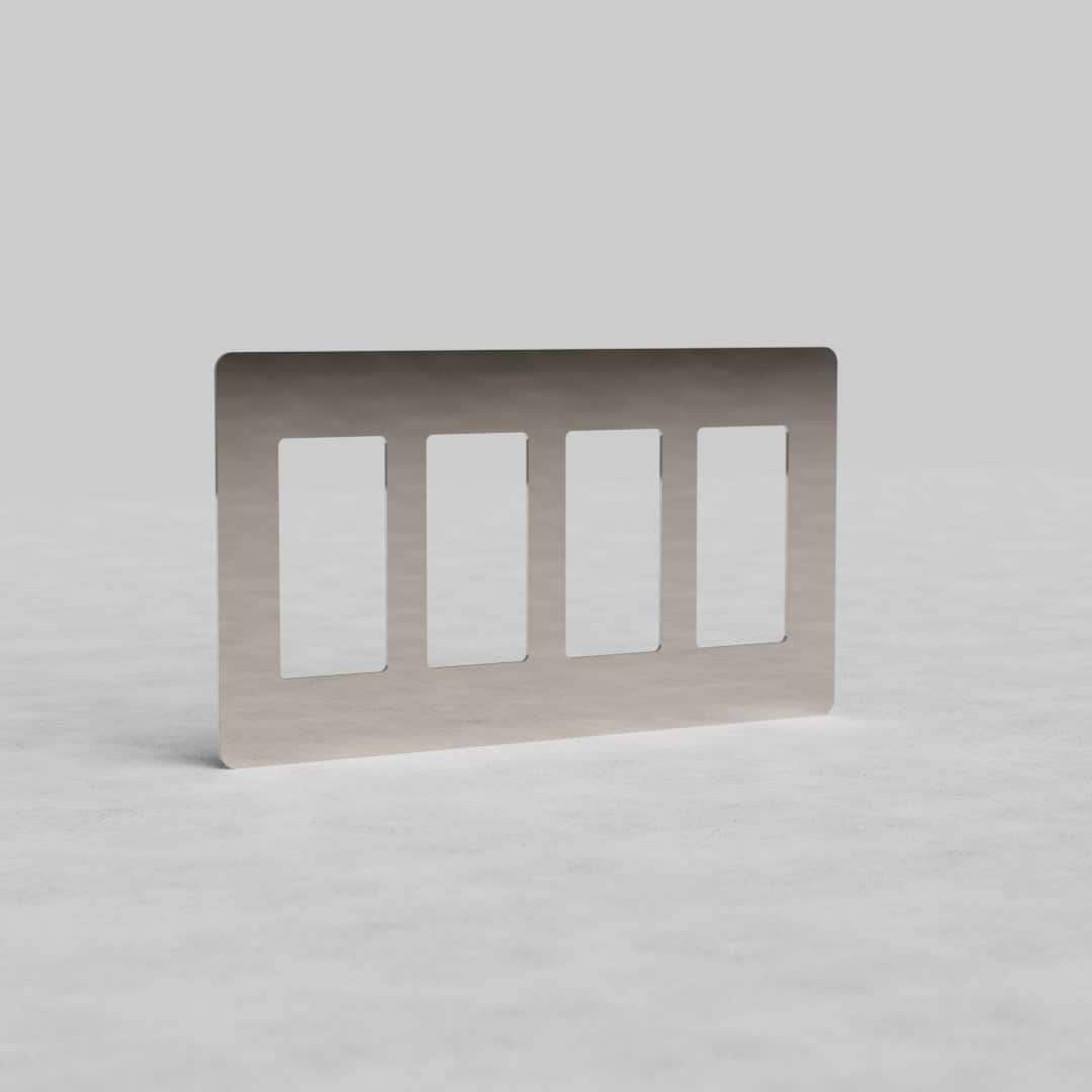 Polished Nickel 4G Outlet Plate Kew US with four rectangular outlets, brushed finish, on a light surface.