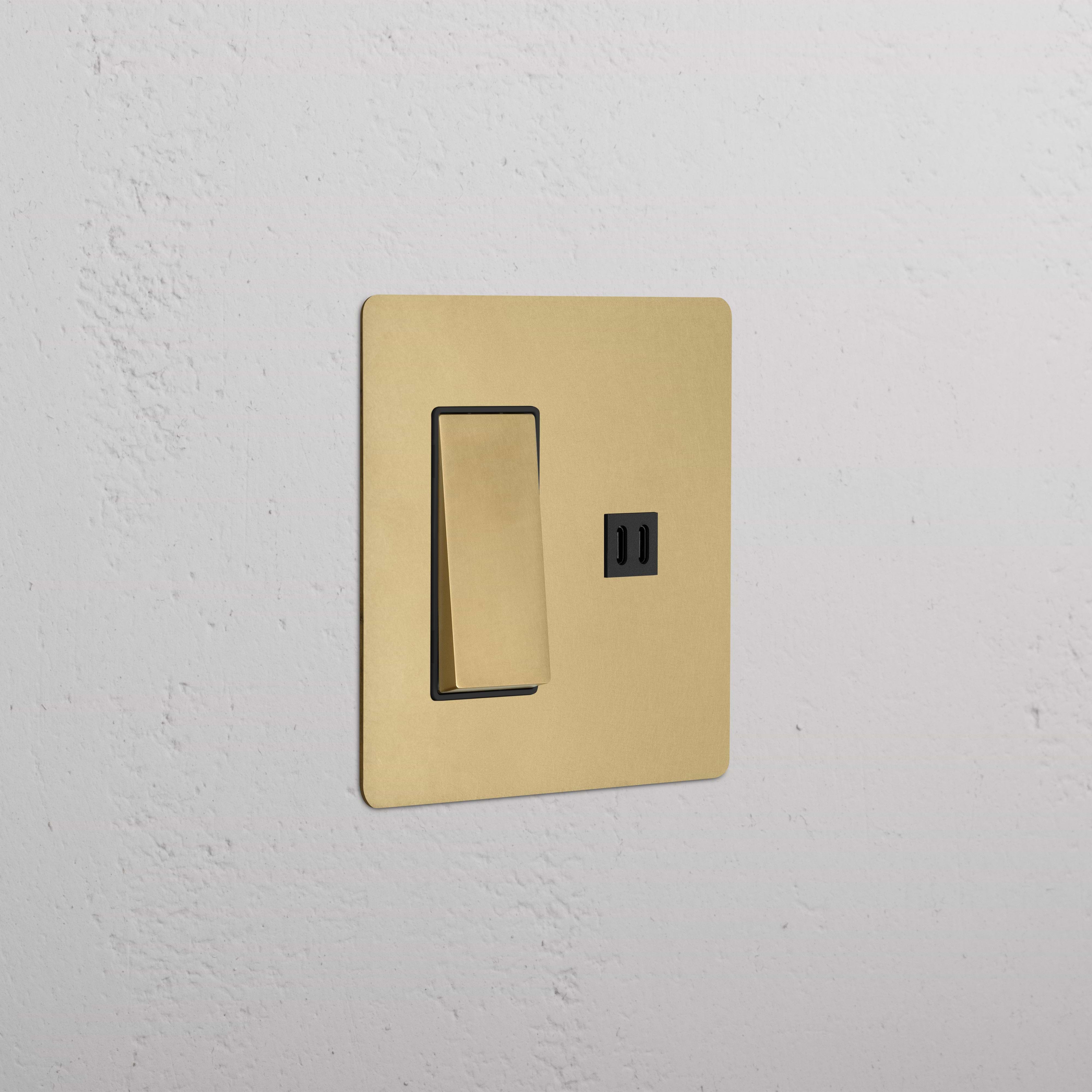 Kew 2G Rocker Switch & Fast Charge USB in antique brass black finish, shown on a white textured wall.